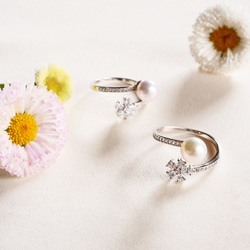 [免運費] Akoya 珍珠和氧化鋯花戒指尺寸免費 SV925 開口戒指 [含保修] 第2張的照片