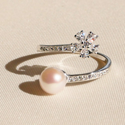 [免運費] Akoya 珍珠和氧化鋯花戒指尺寸免費 SV925 開口戒指 [含保修] 第5張的照片