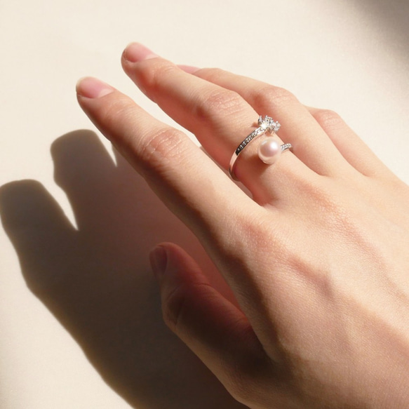 [免運費] Akoya 珍珠和氧化鋯花戒指尺寸免費 SV925 開口戒指 [含保修] 第6張的照片