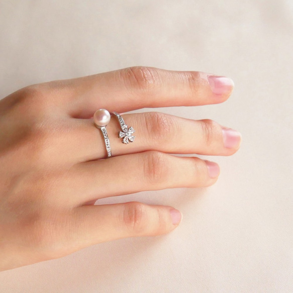 【送料無料】あこや真珠 と ジルコニア の お花のリング サイズフリー SV925 オープンリング 指輪【保証書付】 3枚目の画像