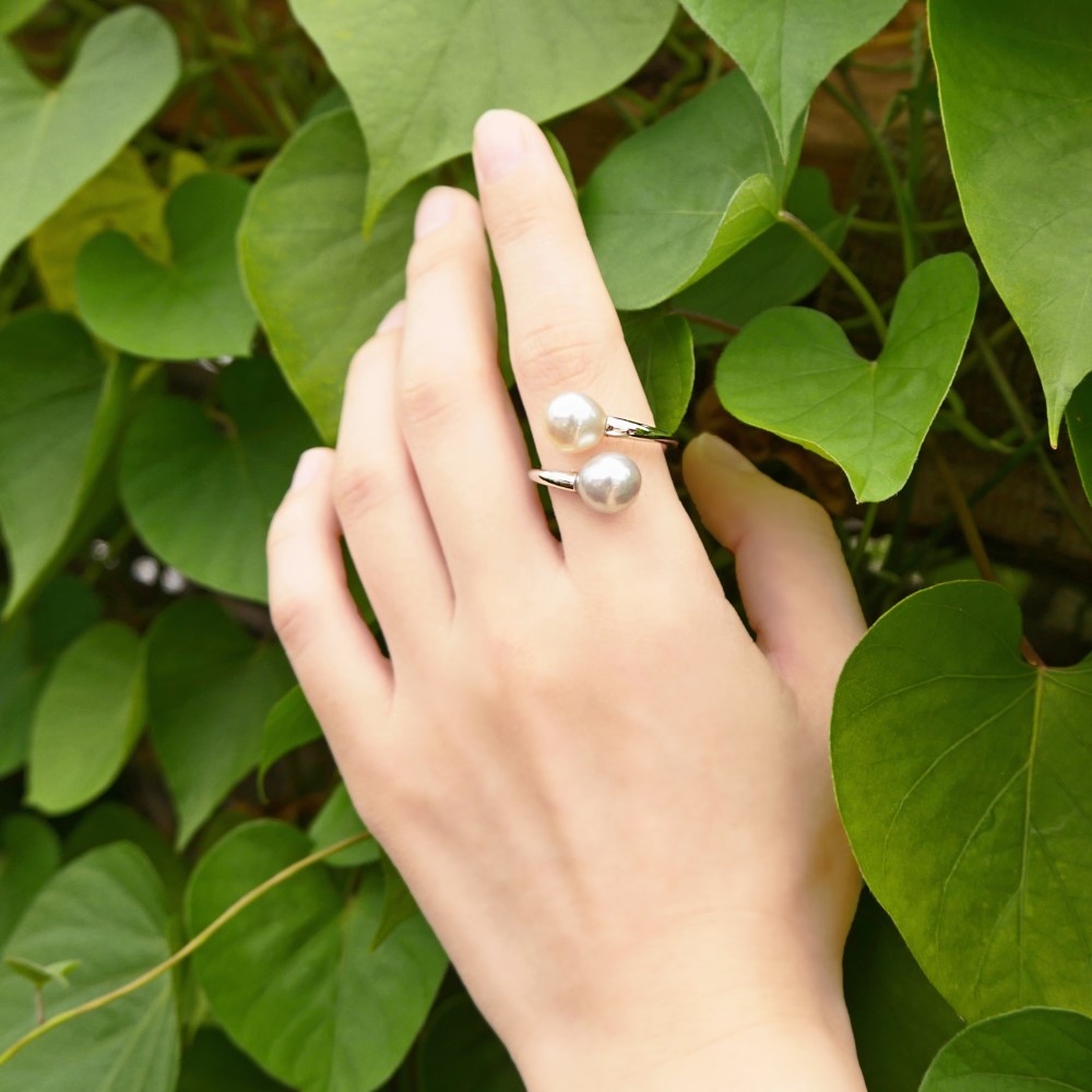 【送料無料】あこや真珠 バロック2粒リング 大粒 8～9ミリ 人差し指に スターリングシルバー 【保証書付】