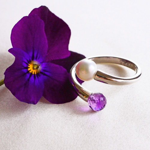 送料無料】あこや真珠 アメジスト × パール ツインリング 2月の誕生石