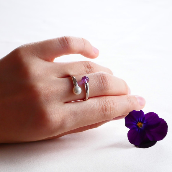 [免運費] Akoya 珍珠紫水晶 x 珍珠雙戒指二月生日石免費尺寸秋季等待戒指 [有保修] 第5張的照片