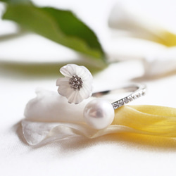 【送料無料】あこや真珠 白い野の花 と 蕾のリング サイズフリー SV925 オープンリング 1枚目の画像