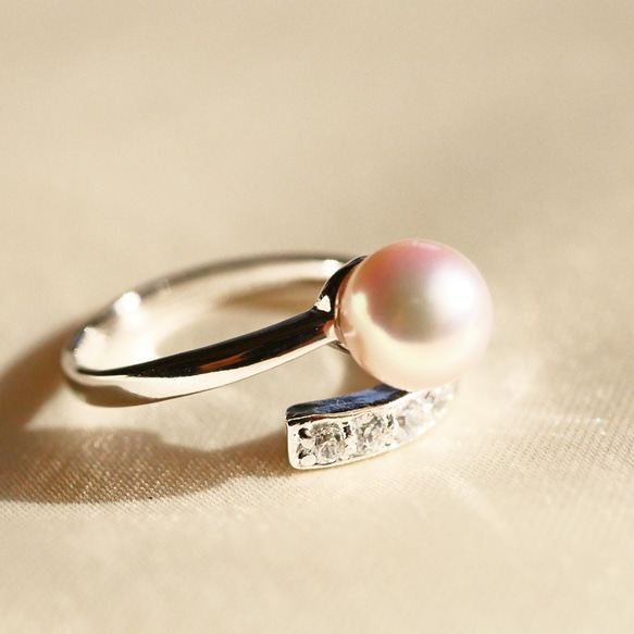 [免費送貨] Akoya珍珠花珍珠和氧化鋯帶狀戒指4月出生的寶石人造鑽石[Creema Limited] 第6張的照片