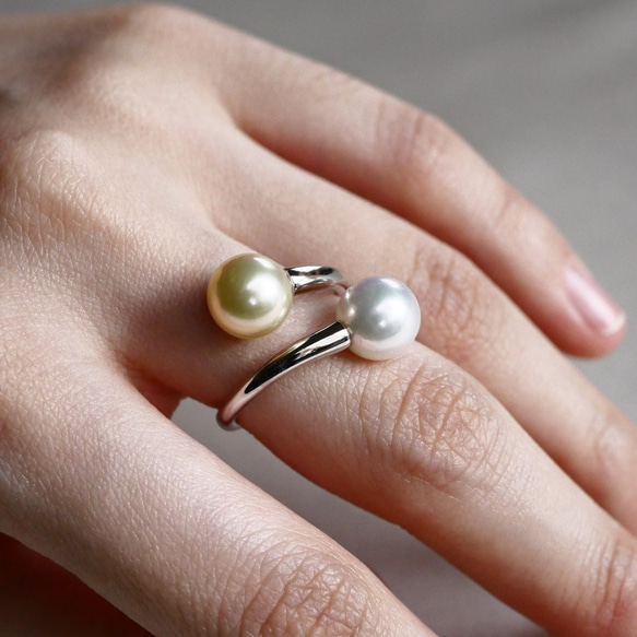 [一件式] Akoya珍珠新月和滿月雙胞胎戒指兩色自由尺寸的珍珠雙胞胎戒指[Creema limited] 第5張的照片