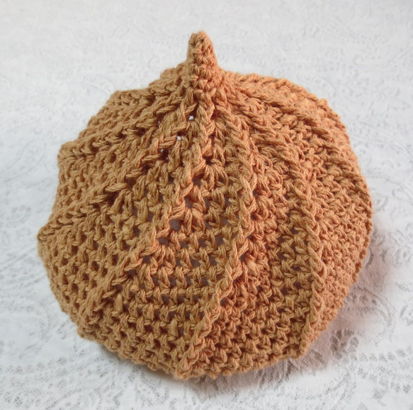 ベビー・キッズ用　可愛いホイップ帽子　鉤針編み　綿麻　アプリコット 2枚目の画像