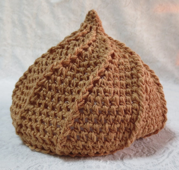 ベビー・キッズ用　可愛いホイップ帽子　鉤針編み　綿麻　アプリコット 3枚目の画像