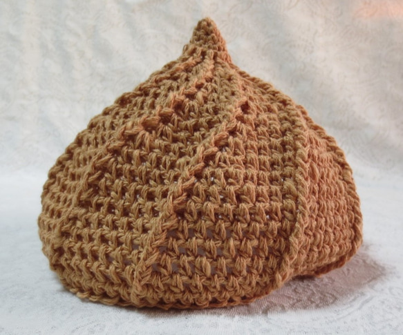ベビー・キッズ用　可愛いホイップ帽子　鉤針編み　綿麻　アプリコット 4枚目の画像