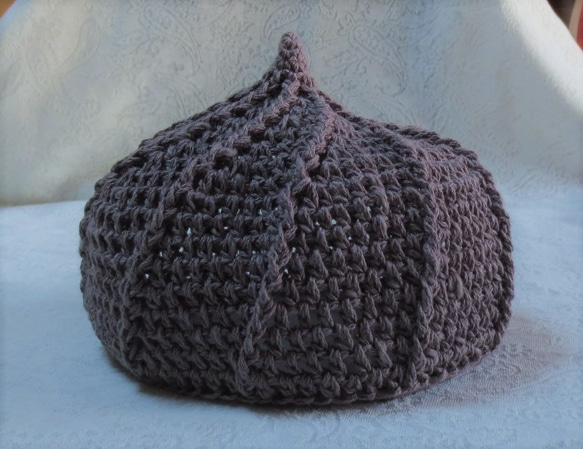 ベビー・キッズ用　可愛いホイップ帽子　鉤針編み　綿麻　ダークブラウン 2枚目の画像