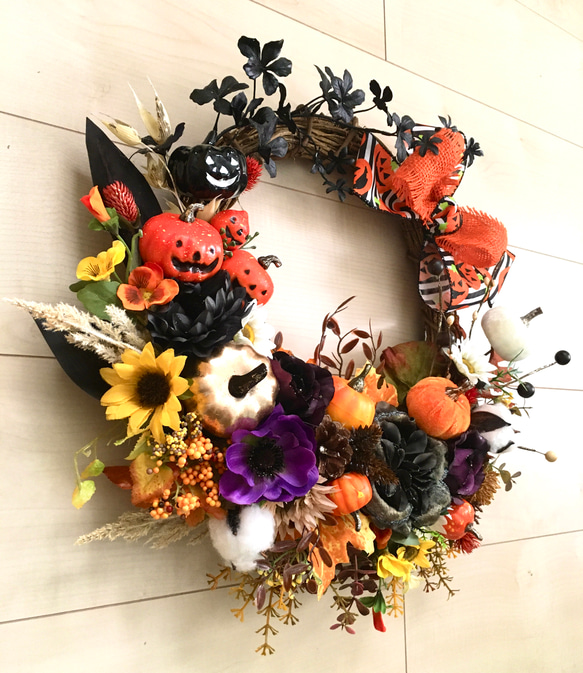 No.wreath-15225/ハロウィンリース20-(13)ファニーパンプキン42x45アーティフィシャルフラワー造花 2枚目の画像