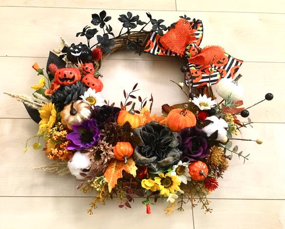 No.wreath-15225/ハロウィンリース20-(13)ファニーパンプキン42x45アーティフィシャルフラワー造花 4枚目の画像