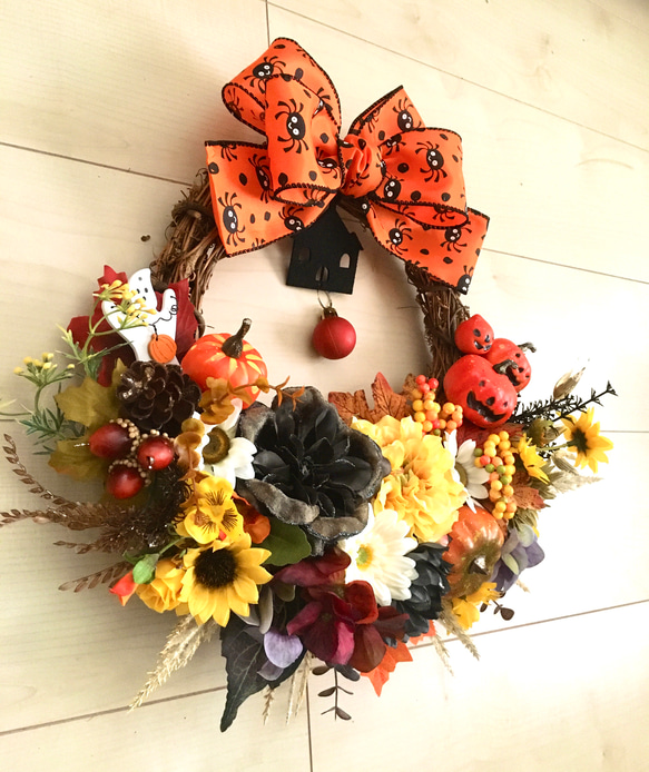 No.wreath-15235/ハロウィンリース　20-(23)　40x40cm/アーティフィシャルフラワー造花 2枚目の画像