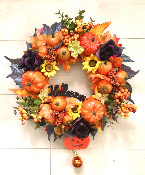 ✴︎特大ハロウィンリース✴︎フラワーリース　秋リース　アーティフィシャルフラワー ハロウィンリース秋フラワーリース特大約34cm