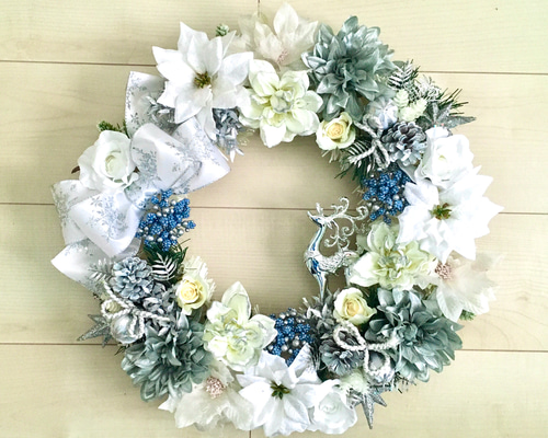 専用】耳型 ブルーホワイト Xmas クリスマス ウェルカム フラワー リース No.xmas-14392/クリスマスリース 20-(23) 43cm/アーティフィシャル