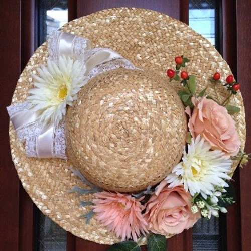 No.wreath-14092/☆玄関リース☆/アートフラワーリース36cm/麦わら帽子  