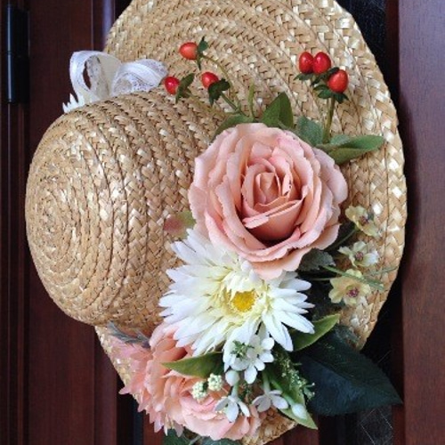 No.wreath-14092/☆玄関リース☆/アートフラワーリース36cm/麦わら帽子 