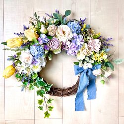 No.wreath-15320/チューリップとバラの春リース＜特大＞50x55cm /アーティフィシャルフラワー造花 1枚目の画像