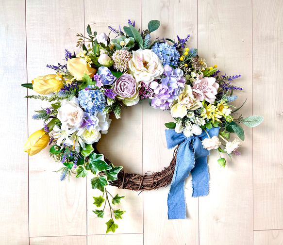 No.wreath-15320/チューリップとバラの春リース＜特大＞50x55cm /アーティフィシャルフラワー造花 1枚目の画像