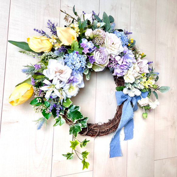 No.wreath-15320/チューリップとバラの春リース＜特大＞50x55cm /アーティフィシャルフラワー造花 2枚目の画像