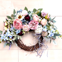 No.wreath-15325/バラとラナンキュラスのリース38x56cm /アーティフィシャルフラワー造花 1枚目の画像