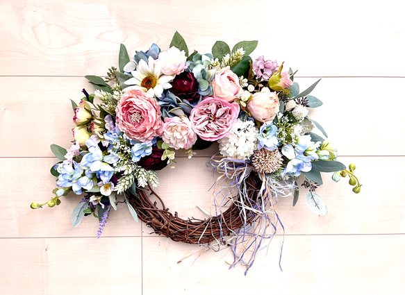 No.wreath-15325/バラとラナンキュラスのリース38x56cm /アーティフィシャルフラワー造花 1枚目の画像