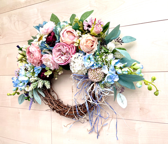 No.wreath-15325/バラとラナンキュラスのリース38x56cm /アーティフィシャルフラワー造花 3枚目の画像