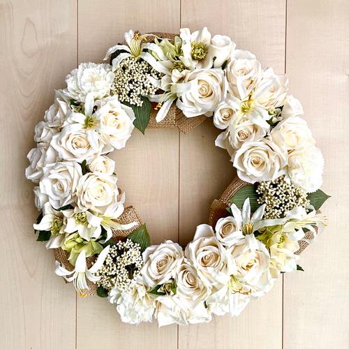 商品名【茉白】ゆきこ❤️ナチュラル♥アネモネのフラワーリース 玄関リース No.wreath-15333/白バラのリース 40cm /アーティフィシャルフラワー