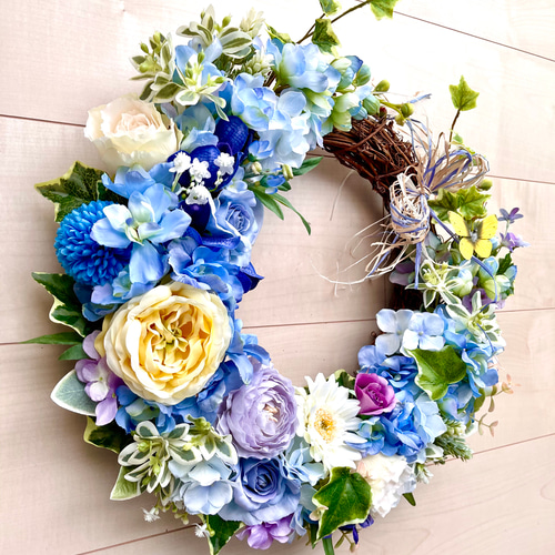 No.wreath-15336/バラと蝶とデルフィニウムのリース 42cm /アーティ  