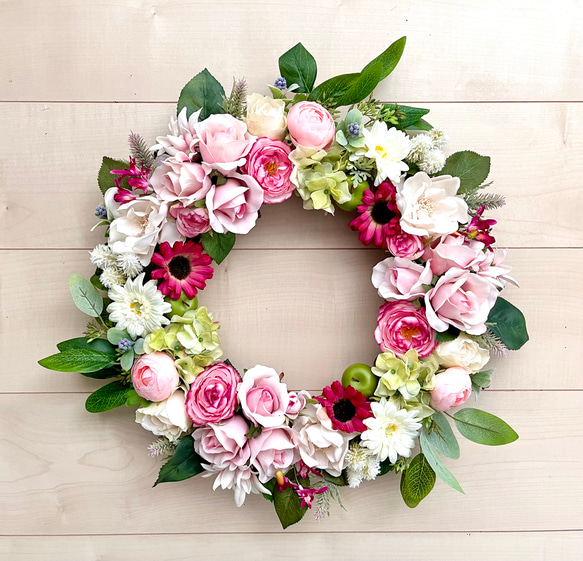 No.wreath-15351/ バラとラナンキュラスのリース 45cm /アーティ  