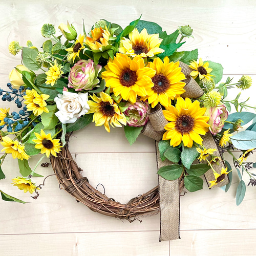 No.wreath-15358/ ひまわりとバラのリース 40x53cm /アーティ