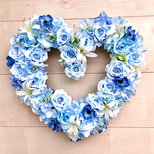 【12月スーパーSALE 15%OFF】 No.wreath-15364/ 水色バラのハート型リース 32x34cm /アーティ フラワー・リース