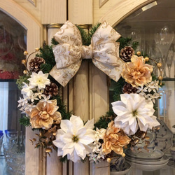 No.xmas-14154☆クリスマスリース40cm/ホワイト＆シャンパン・ゴールド