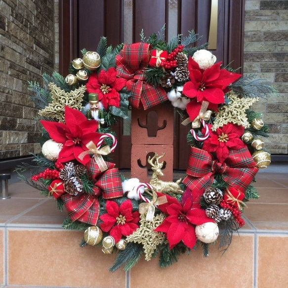 No.xmas-14175/クリスマスリース55cm/ナットクラッカー＆トナカイ