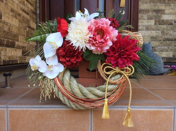No.wreath-14478/☆大型お正月しめ縄リース37x46cm（アートフラワー