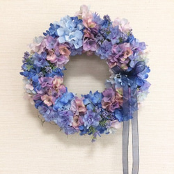 No.wreath-14567/玄関リース/アートフラワー・リース30cm/ブルーあじさいのリース(4) 1枚目の画像