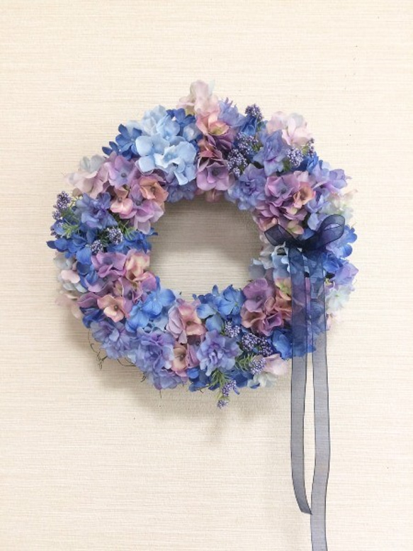 No.wreath-14567/玄関リース/アートフラワー・リース30cm/ブルーあじさいのリース(4) 1枚目の画像