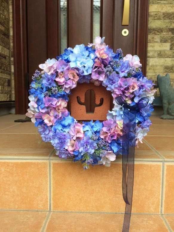 No.wreath-14567/玄関リース/アートフラワー・リース30cm/ブルーあじさいのリース(4) 2枚目の画像