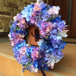 No.wreath-14567/玄関リース/アートフラワー・リース30cm/ブルーあじさいのリース(4) 3枚目の画像