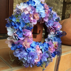No.wreath-14567/玄関リース/アートフラワー・リース30cm/ブルーあじさいのリース(4) 4枚目の画像