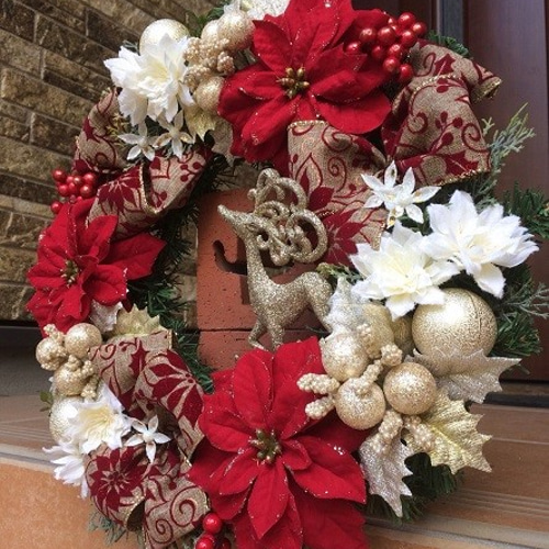 No.xmas-14249/クリスマスリース38cm/レッド・ポインセチア＆トナカイ3