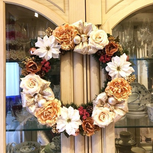 No.xmas-14265/特大クリスマスリース50cm/シャンパンゴールド