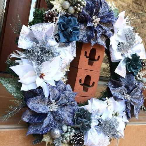 No.xmas-14269/特大クリスマスリース60cm/ブルー・ポインセチア アート