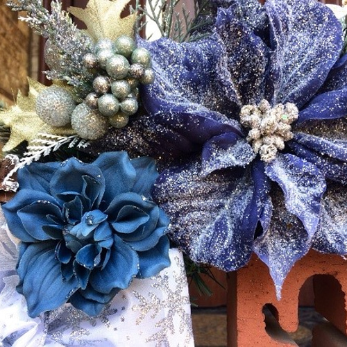 No.xmas-14269/特大クリスマスリース60cm/ブルー・ポインセチア アート