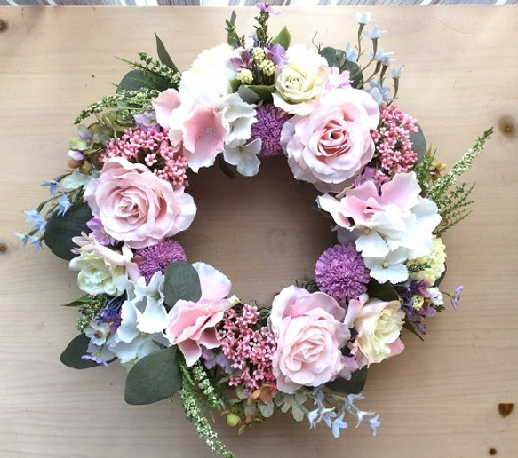 No.wreath-14799/春リース/母の日プレゼント/33cm/バラとユーカリの  