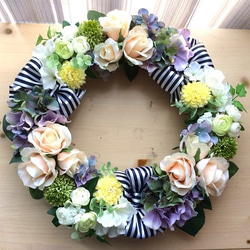 No.wreath-14809/38cm/バラとあじさいのリース(１)（アートフラワー造花） 1枚目の画像