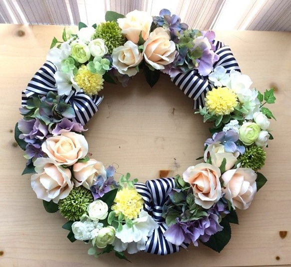 No.wreath-14809/38cm/バラとあじさいのリース(１)（アートフラワー造花） 1枚目の画像