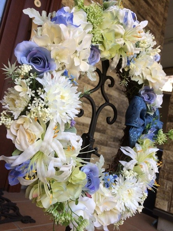No.wreath-14846/玄関リース/母の日/38cm/バラとあじさいのリース/アートフラワー造花 3枚目の画像