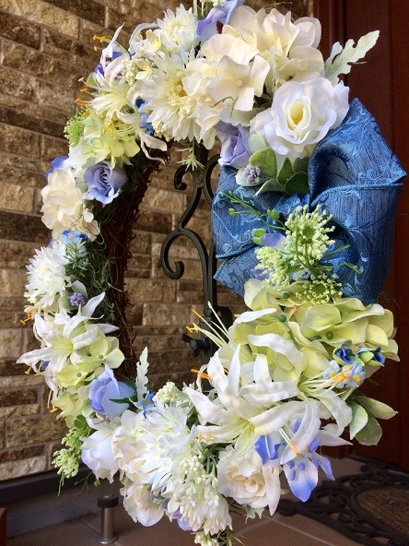 No.wreath-14846/玄関リース/母の日/38cm/バラとあじさいのリース/アートフラワー造花 4枚目の画像