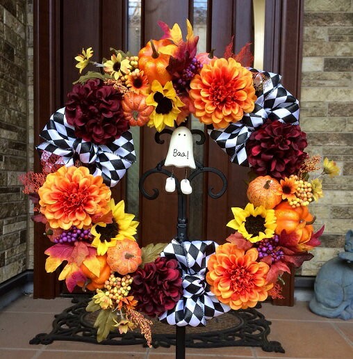 No.wreath-14868/ハロウィンリース「チェッカーリボン＆ゴースト